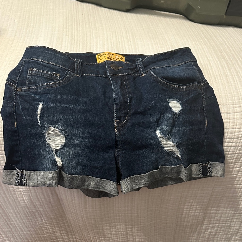 Wax Jean Women's Ripped Cuffed Denim Shorts - Dark Blue
